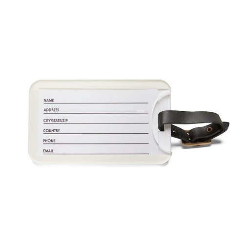 Anointed Garments premium acrylic luggage tag with a black leather strap and a rear contact information card slot.