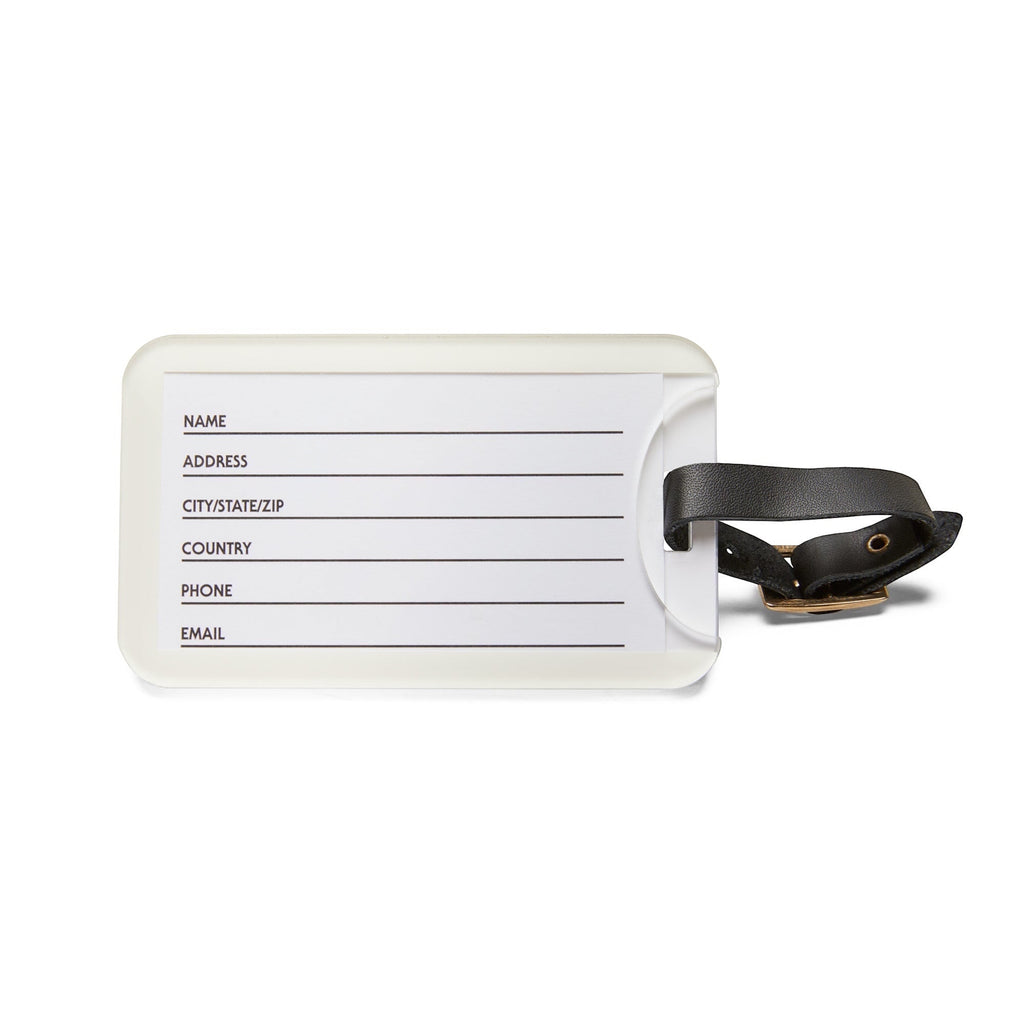 Anointed Garments clear acrylic luggage tag with a black adjustable leather strap and rear contact information card.