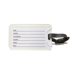 Anointed Garments clear acrylic luggage tag with a black adjustable leather strap and rear contact information card.