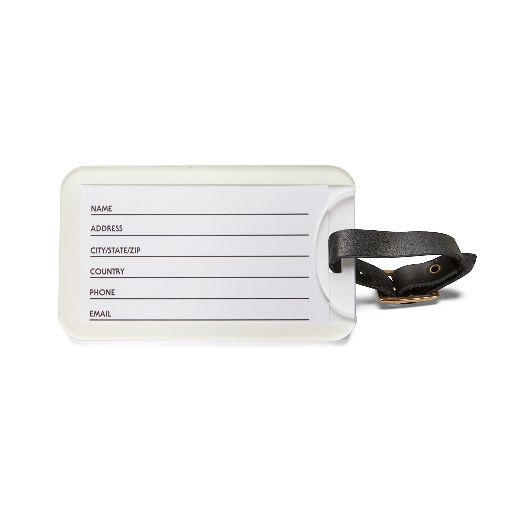 Anointed Garments clear acrylic luggage tag with a black adjustable leather strap and rear contact information card.