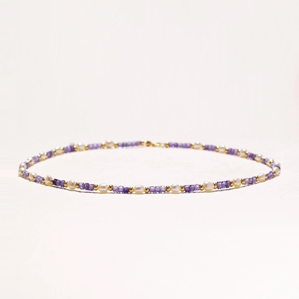 Anointed Garments Amethyst Pearl Harmony necklace featuring freshwater pearls, lavender zirconia, and 18K gold vermeil.