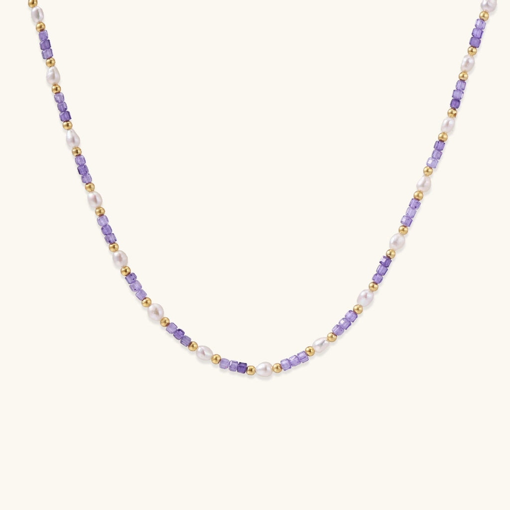 Anointed Garments Amethyst Pearl Harmony Necklace featuring freshwater pearls, lavender zirconia, and 18K gold vermeil.