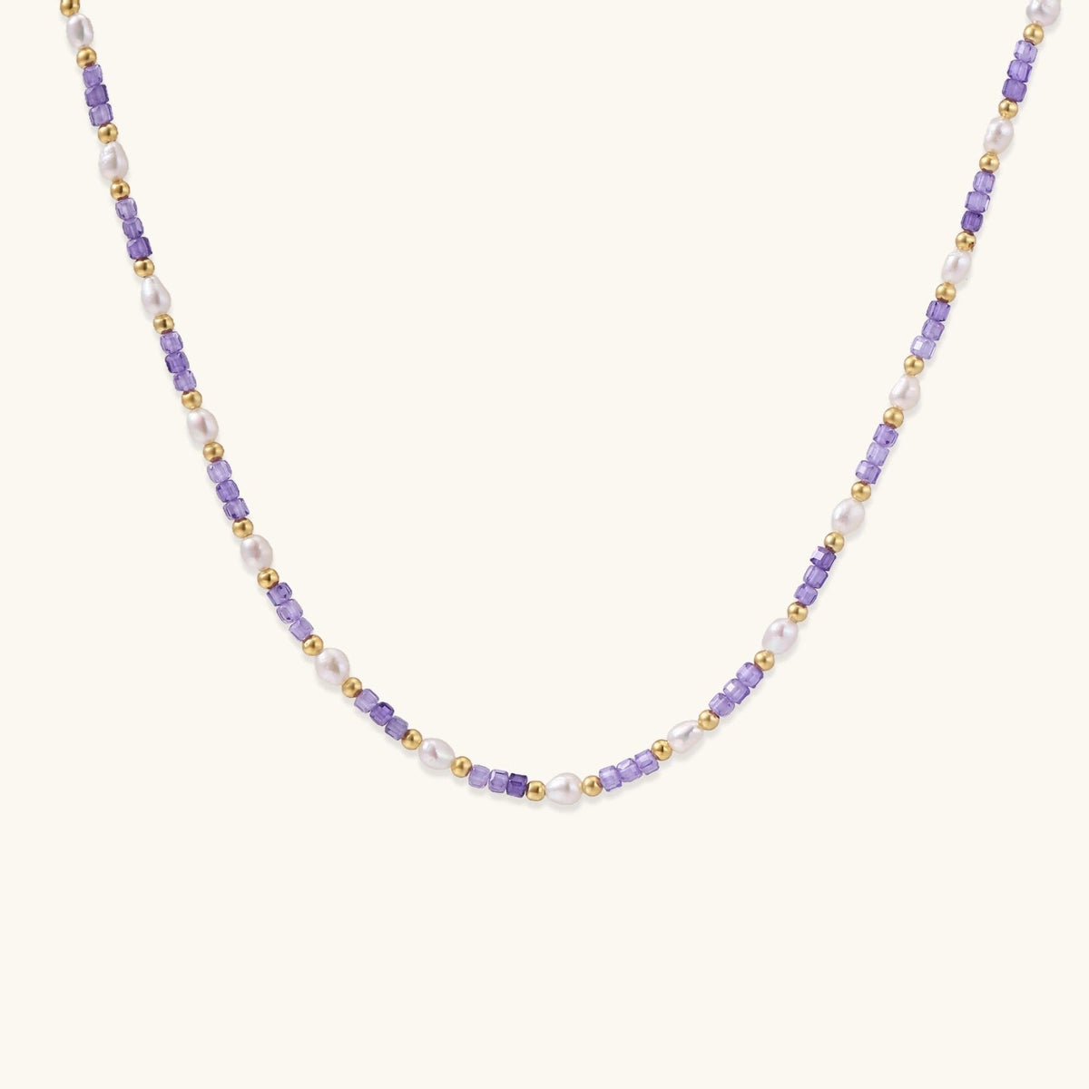 Anointed Garments Amethyst Pearl Harmony Necklace featuring freshwater pearls, lavender zirconia, and 18K gold vermeil.