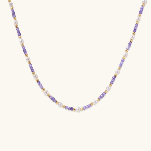 Anointed Garments Amethyst Pearl Harmony Necklace featuring freshwater pearls, lavender zirconia, and 18K gold vermeil.