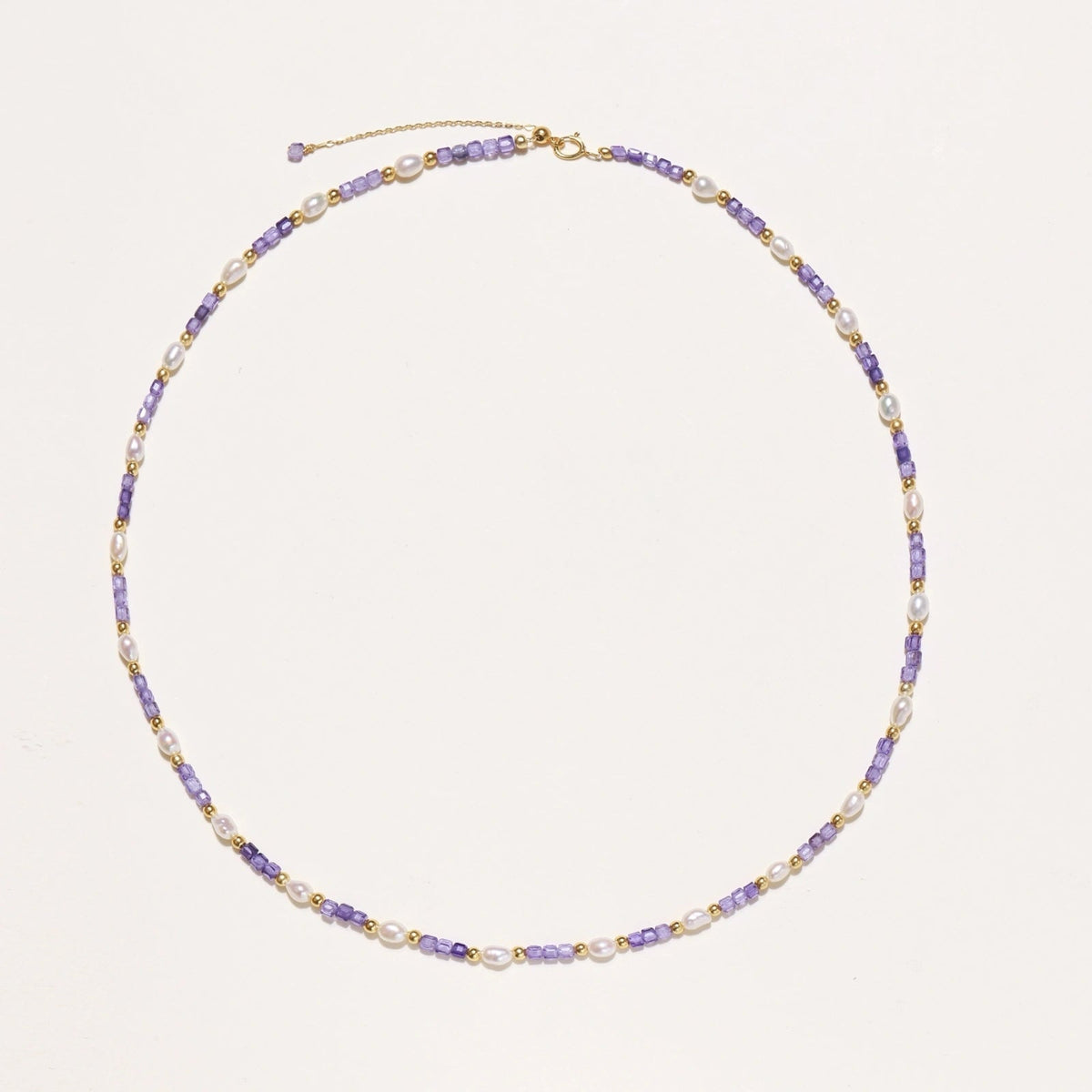 Anointed Garments Amethyst Pearl Harmony Necklace featuring freshwater pearls, lavender zirconia, and 18K gold vermeil.