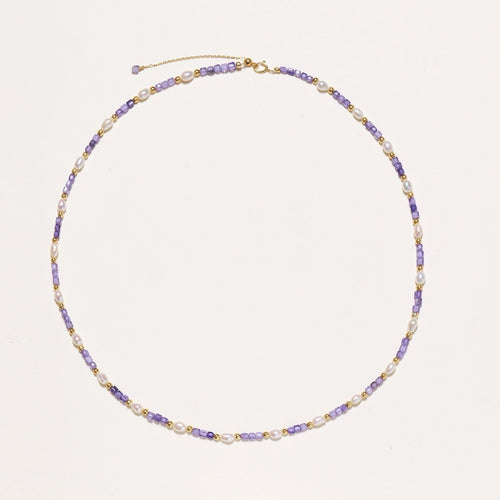 Anointed Garments Amethyst Pearl Harmony Necklace featuring freshwater pearls, lavender zirconia, and 18K gold vermeil.