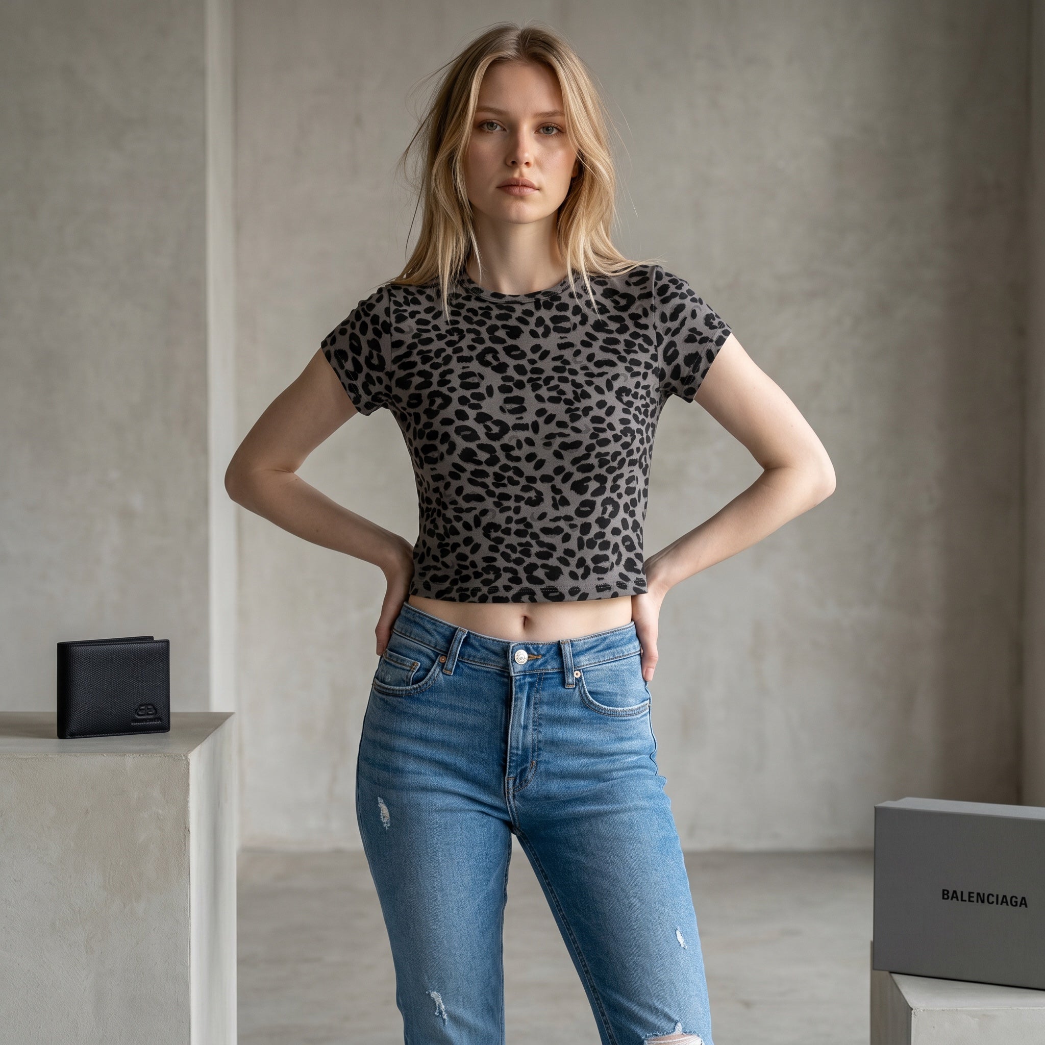 Anointed Garments women's cropped crew neck tee with a grey and black animal print, styled with blue denim jeans.