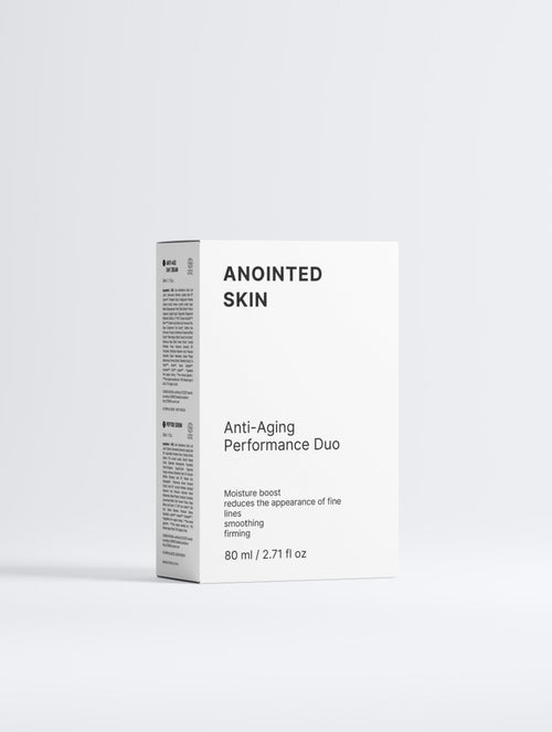 Anointed Garments Anti-Aging Performance Duo skincare set box featuring peptide serum and day cream details