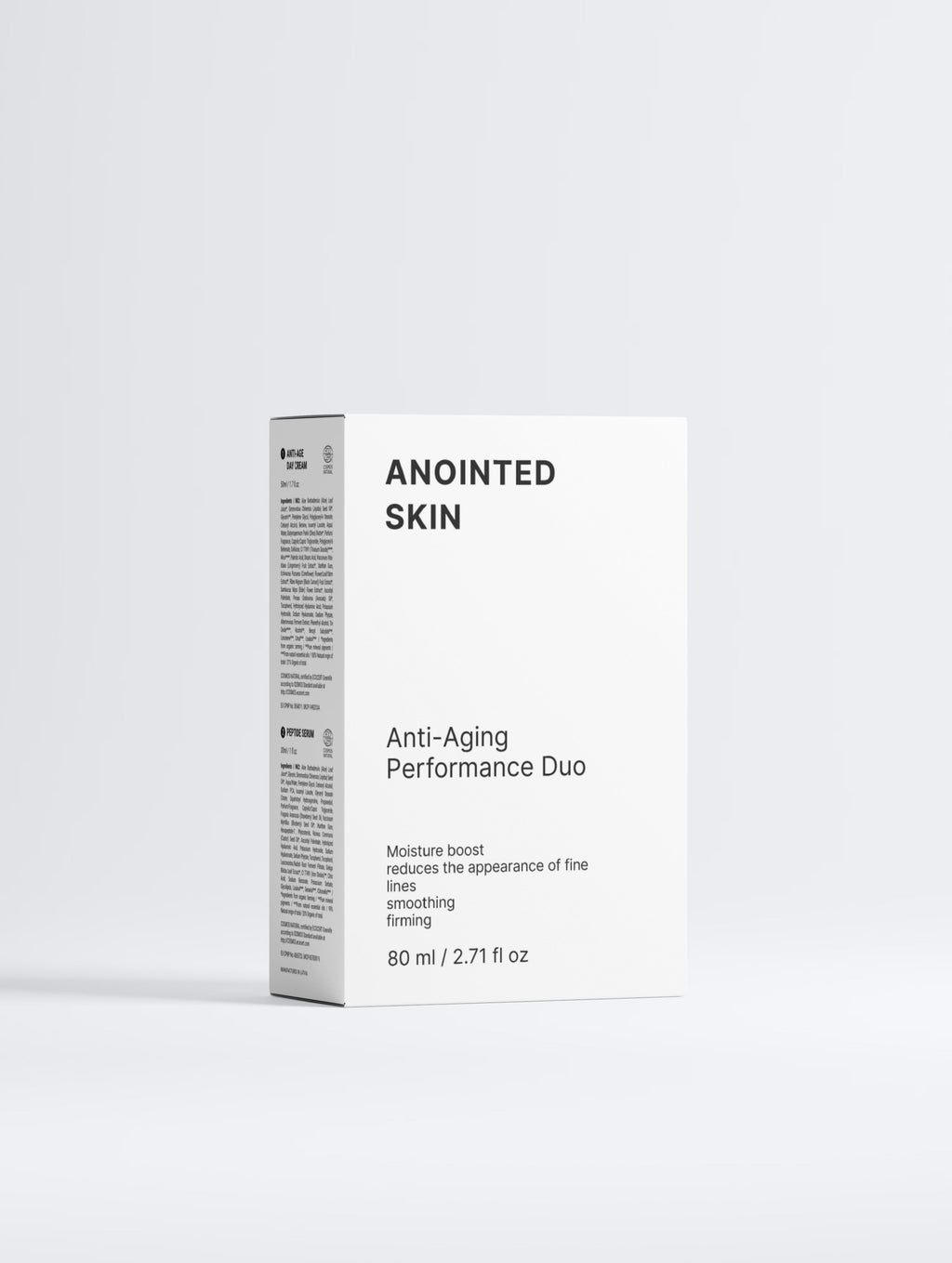 Anointed Garments Anointed Skin Anti-Aging Performance Duo box featuring peptide serum and day cream for smooth skin.
