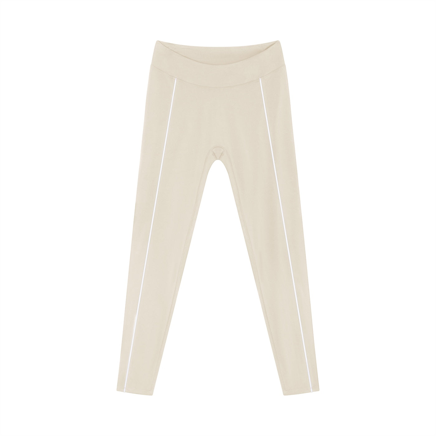 Anointed Garments beige athletic leggings with high-rise waistband and contrast white side-stripe detailing.