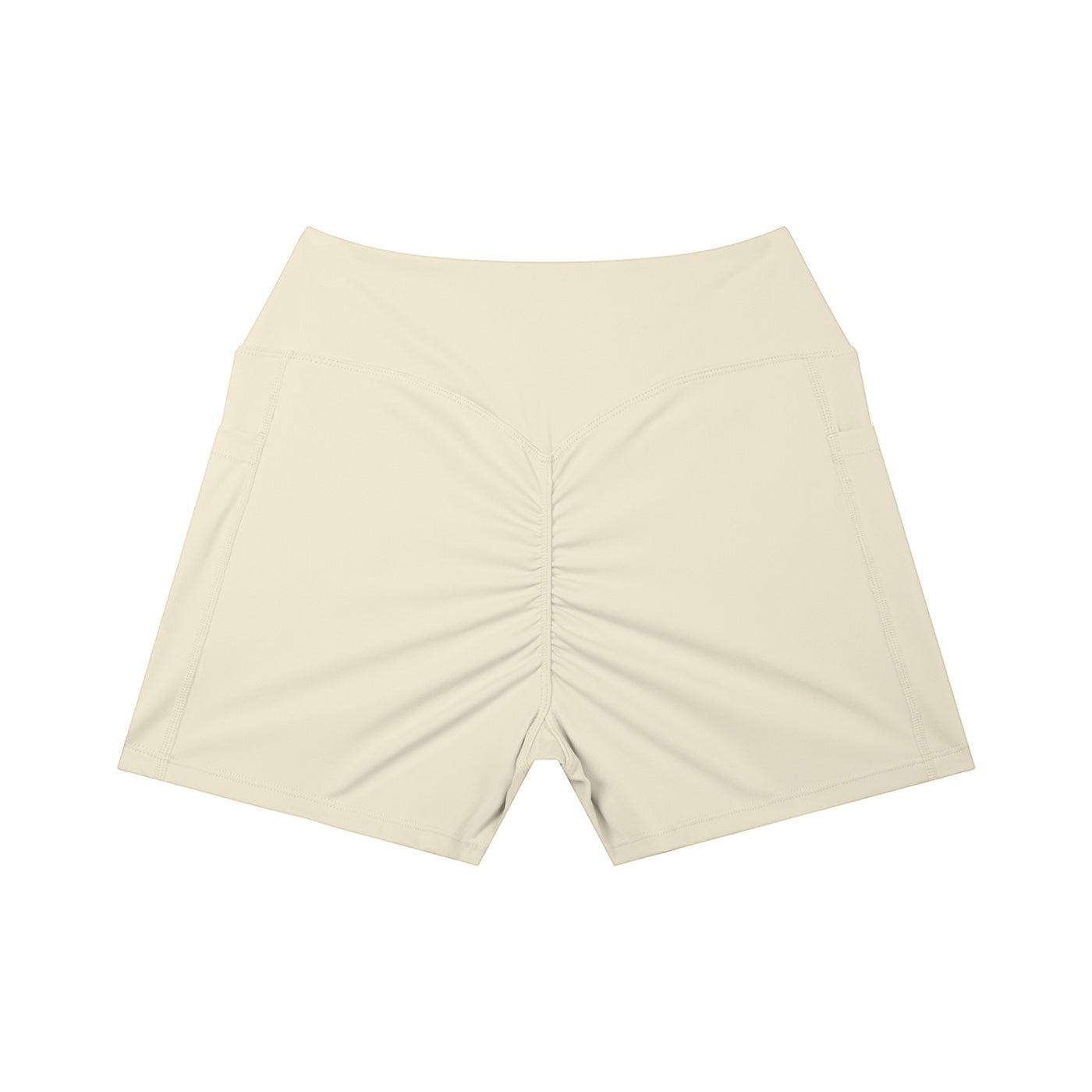 Anointed Garments beige high-waisted athletic shorts with a ruched back and side pockets for performance and comfort.