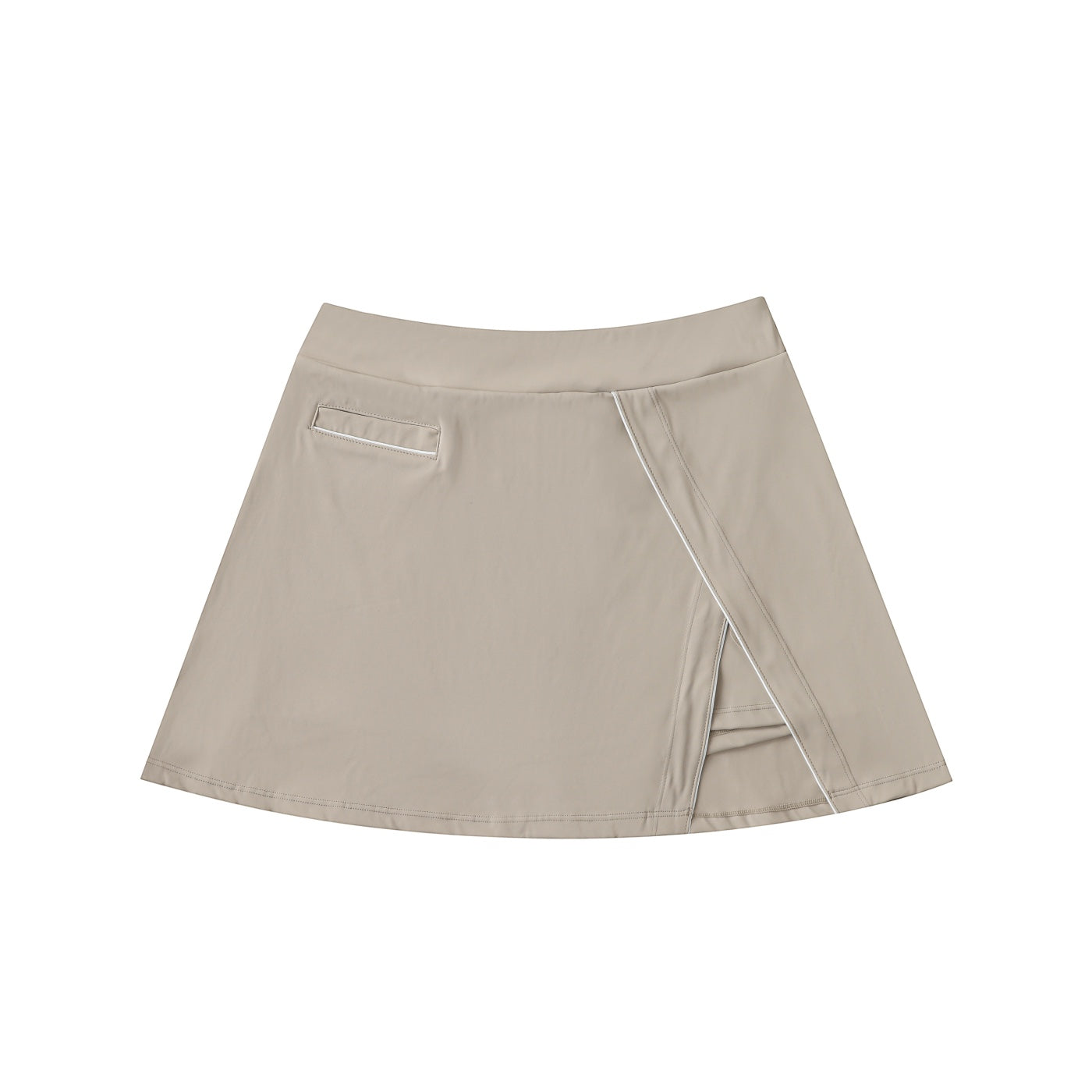 Anointed Garments beige athletic performance skort with side slit, piping detail, and integrated pocket.