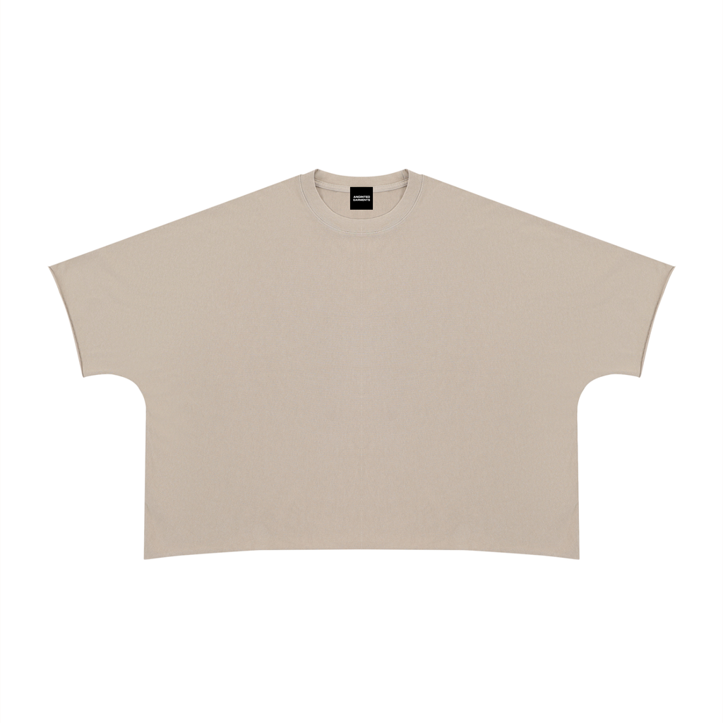 Anointed Garments unisex heavyweight cotton t-shirt in beige with a boxy fit and raw edge sleeves and hem.