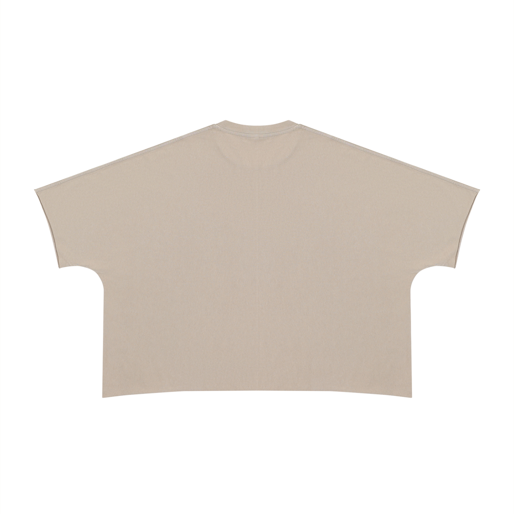 Anointed Garments beige heavyweight cotton t-shirt with a boxy fit and raw edge sleeves and hem, back view.