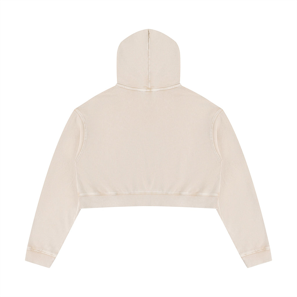 Back view of Anointed Garments cropped pullover hoodie in beige mineral wash cotton with a relaxed boxy fit.