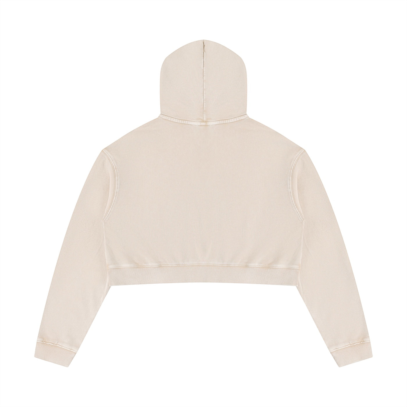 Back view of Anointed Garments cropped pullover hoodie in beige mineral wash cotton with a relaxed boxy fit.