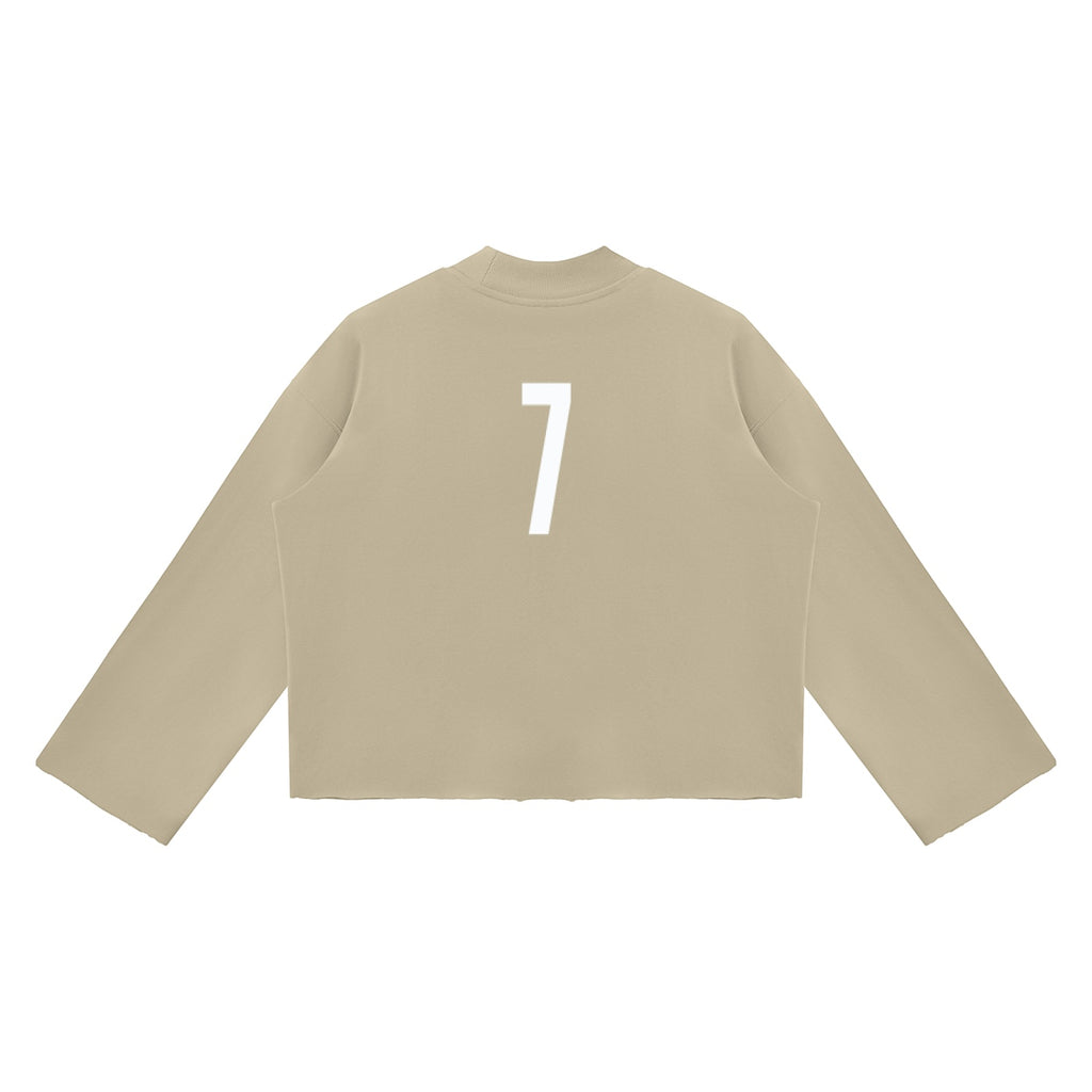 Anointed Garments beige cropped crewneck sweatshirt featuring a white number 7 graphic on the back