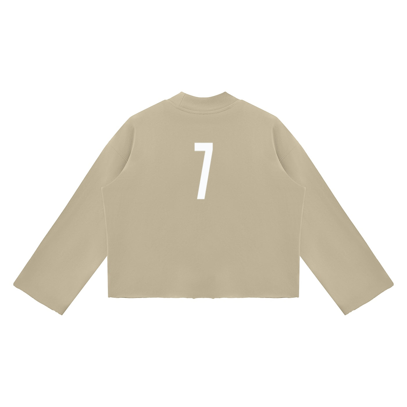 Anointed Garments beige cropped crewneck sweatshirt featuring a white number 7 graphic on the back