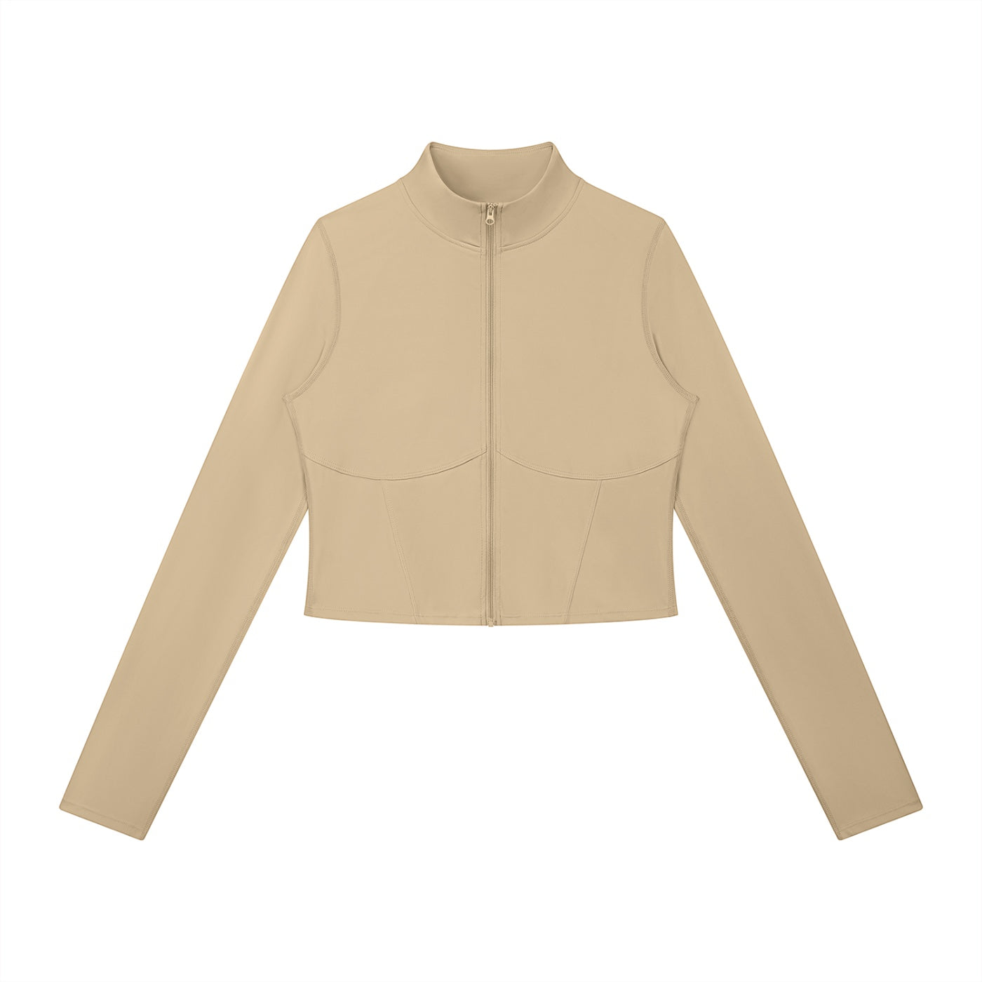 Anointed Garments beige cropped long sleeve mock neck zip up jacket with structured bodice detailing.