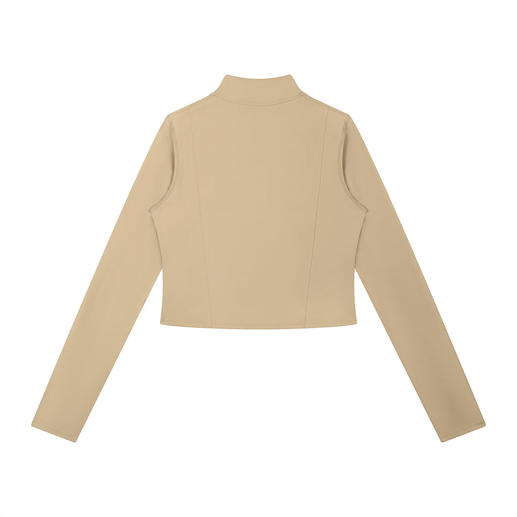 Anointed Garments beige cropped long sleeve mock neck zip up jacket with structured bodice detail