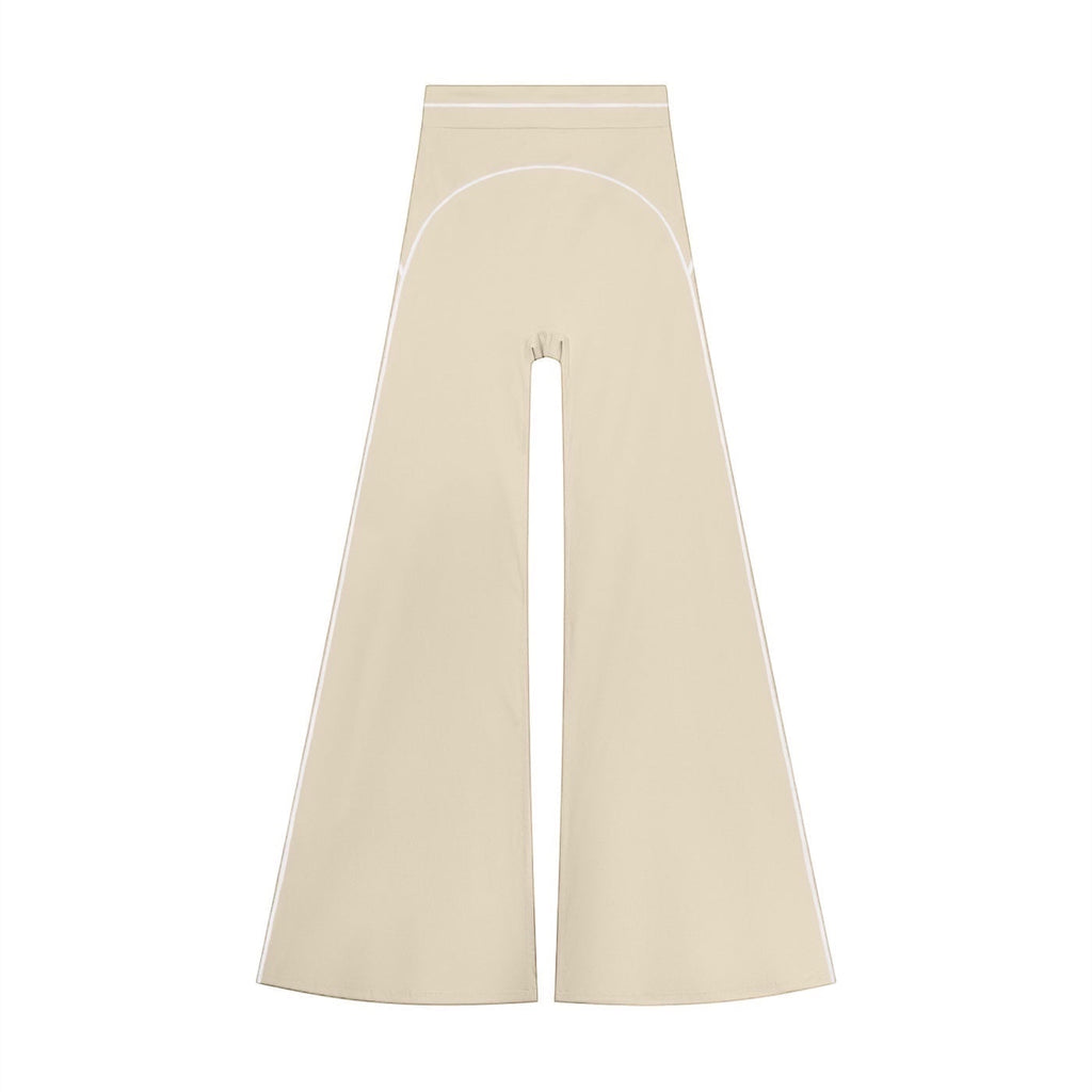 Anointed Garments high rise flared yoga pants in beige with white piping detail, made from stretchy polyamide blend.