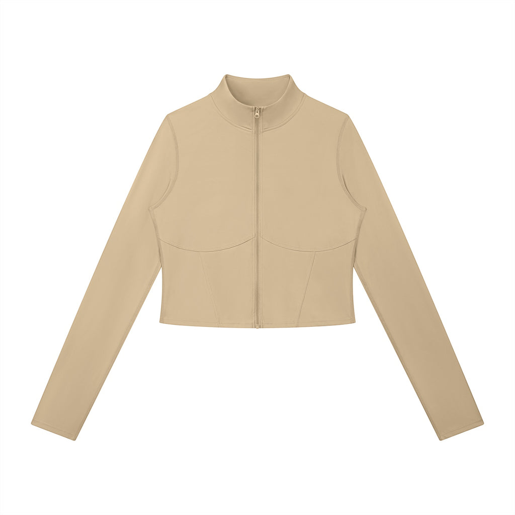 Anointed Garments beige long-sleeve full-zip sports jacket with a stand collar and fitted silhouette.