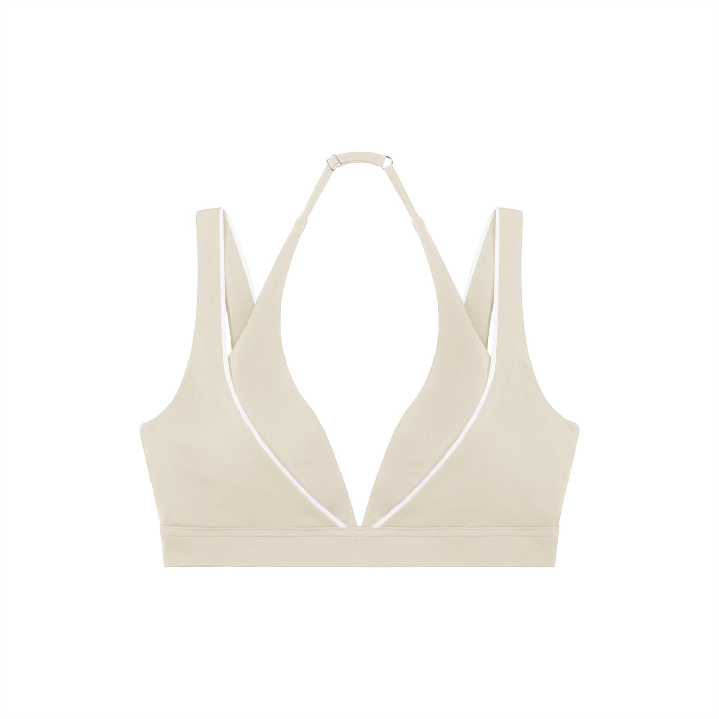 Anointed Garments beige halter neck yoga sports bra with white trim, made from a smooth polyamide blend.