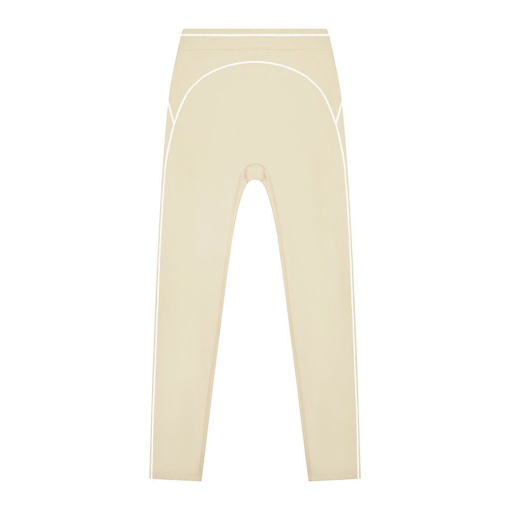 Anointed Garments women's high-rise beige leggings featuring white topstitching details for a sporty look.