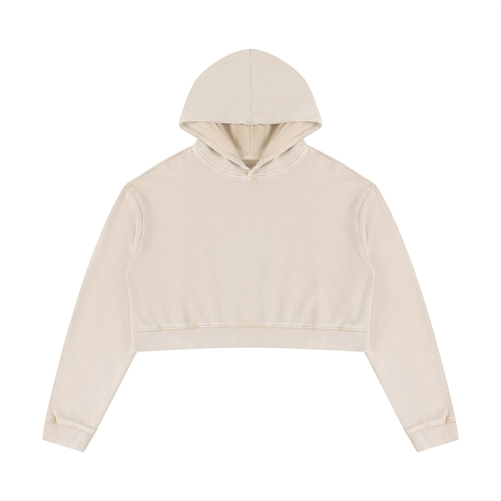 Anointed Garments women's beige mineral washed crop hoodie in 100% cotton with a loose fit and drop shoulders.