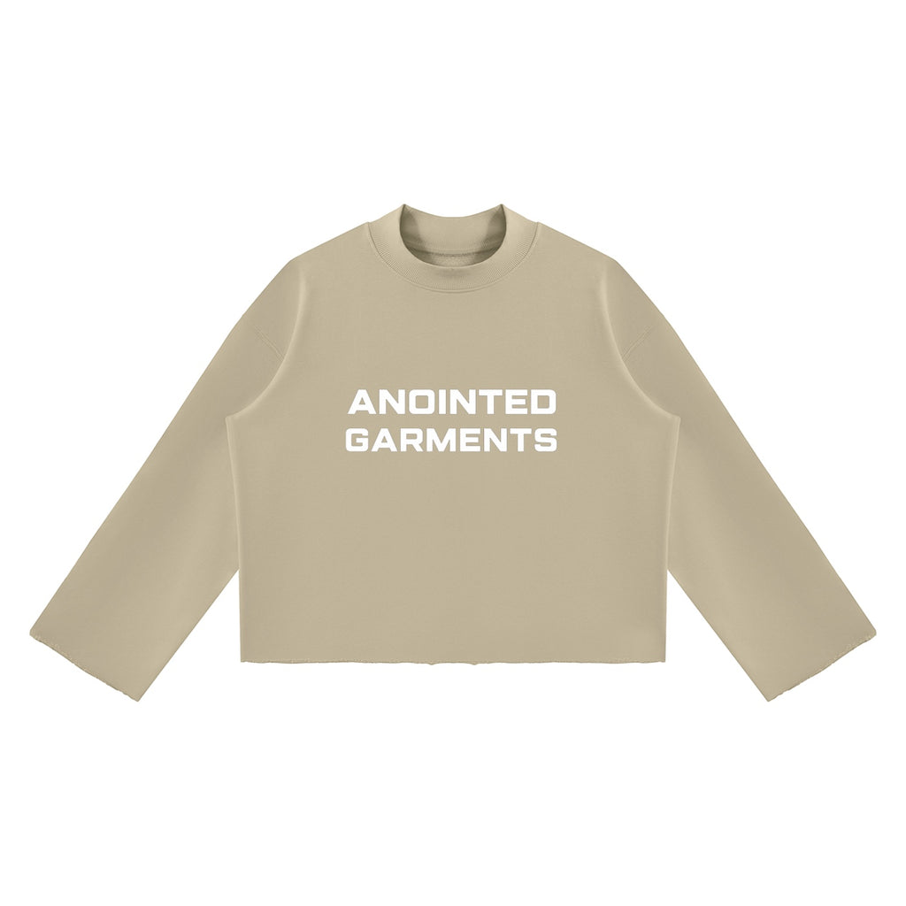Anointed Garments beige unisex mock neck sweatshirt with a boxy fit, drop shoulders, and raw edge hem.