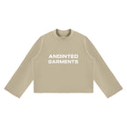 Anointed Garments beige unisex mock neck sweatshirt with a boxy fit, drop shoulders, and raw edge hem.