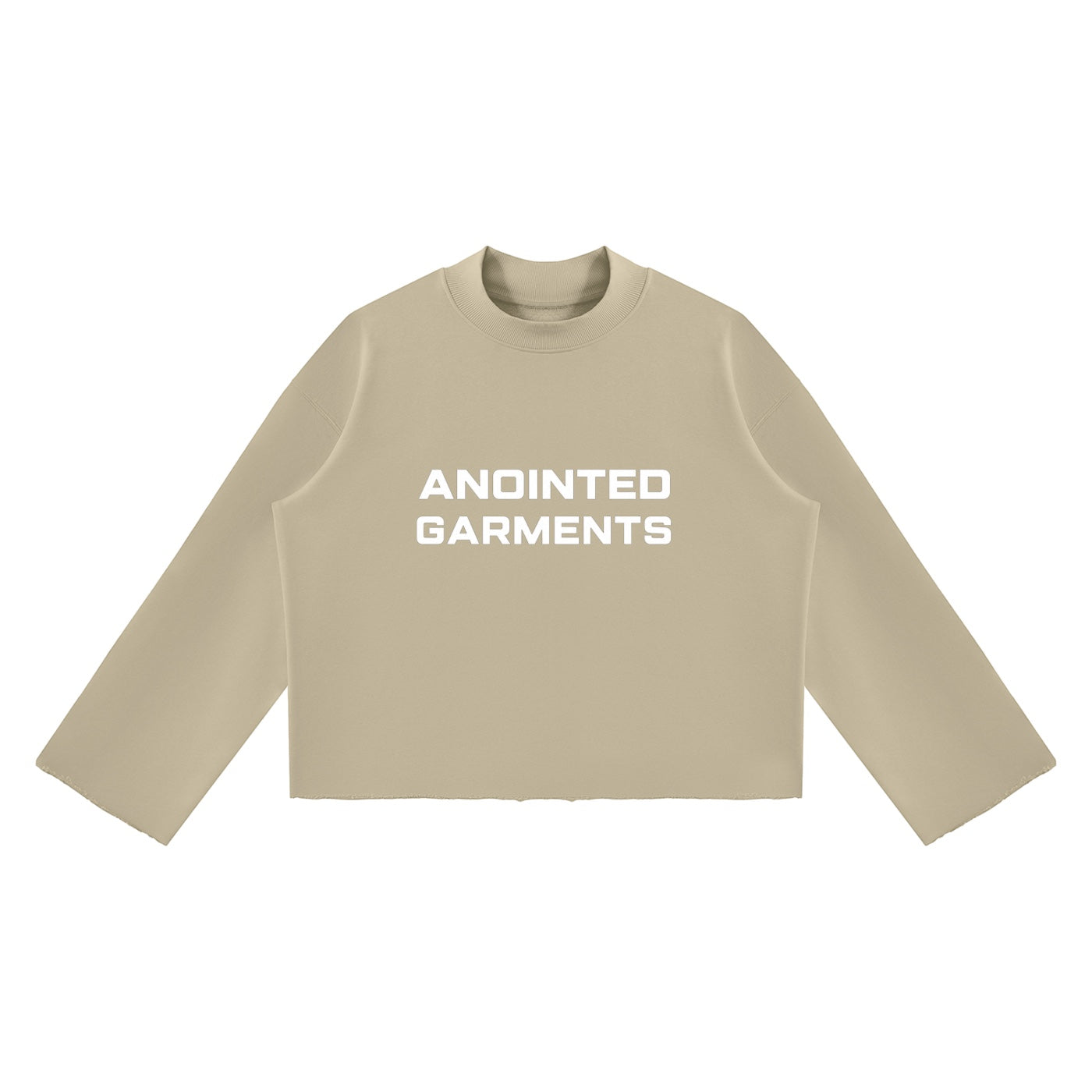 Anointed Garments beige unisex mock neck sweatshirt with a boxy fit, drop shoulders, and raw edge hem.