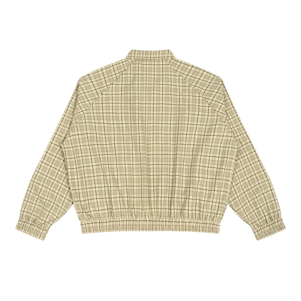 Back view of Anointed Garments beige plaid zip-up jacket with raglan sleeves and elastic cuffs in a cotton blend fabric.