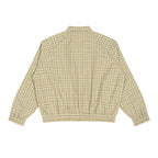 Back view of Anointed Garments beige plaid zip-up jacket with raglan sleeves and elastic cuffs in a cotton blend fabric.