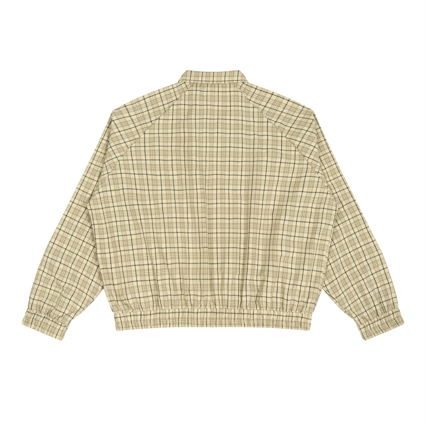 Back view of Anointed Garments beige plaid zip-up jacket with raglan sleeves and elastic cuffs in a cotton blend fabric.