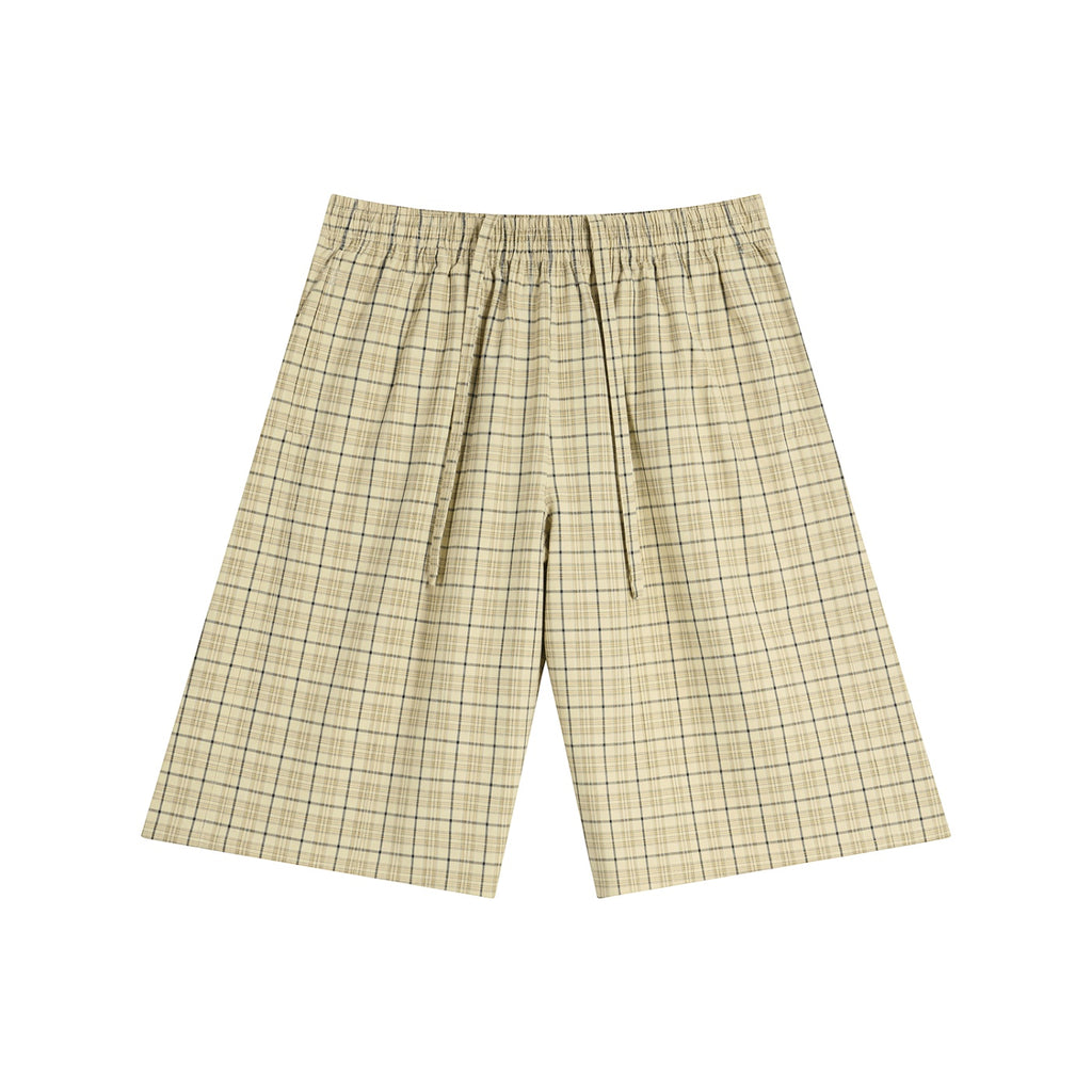 Anointed Garments unisex beige plaid wide leg shorts with an elastic waistband and drawstring in a loose cotton blend