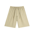 Anointed Garments unisex beige plaid wide leg shorts with an elastic waistband and drawstring in a loose cotton blend