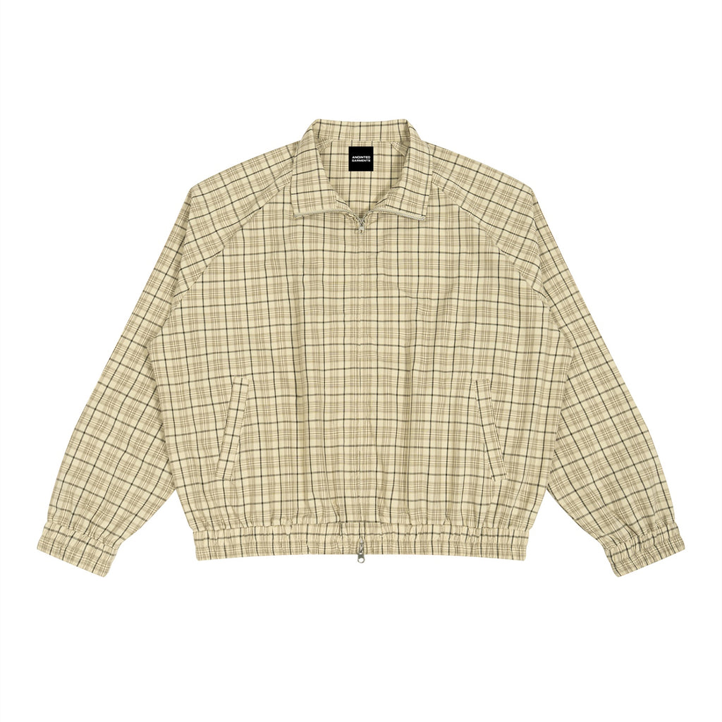 Anointed Garments beige plaid unisex track jacket with a full-zip front, stand collar, and raglan sleeves.