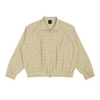 Anointed Garments beige plaid unisex track jacket with a full-zip front, stand collar, and raglan sleeves.