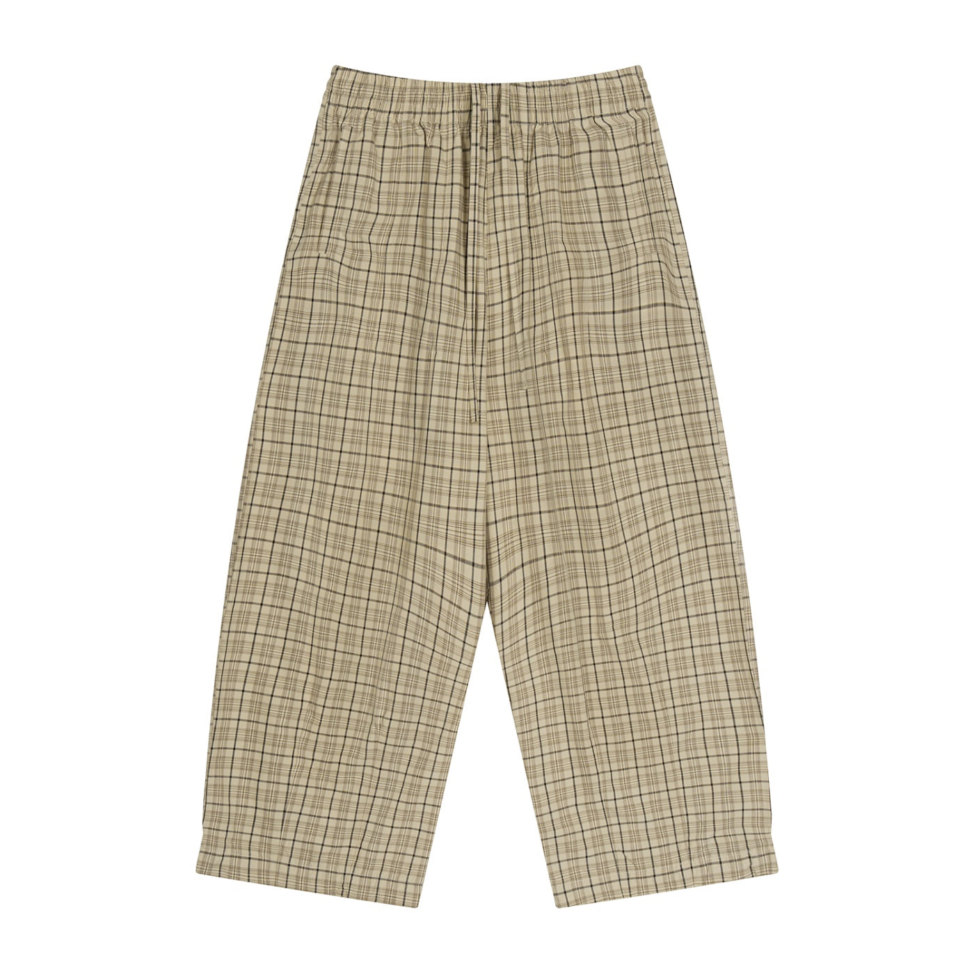 Anointed Garments beige plaid trousers with an elastic waistband and drawstring in a relaxed straight-leg fit.