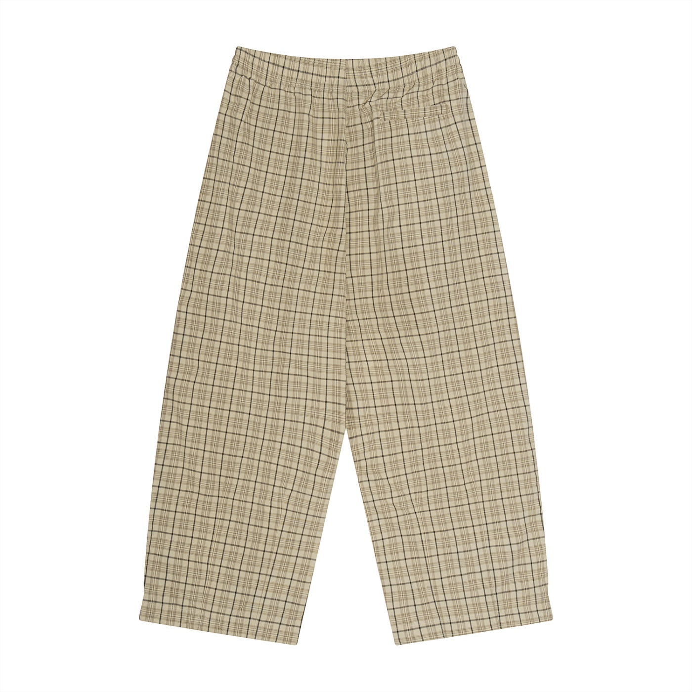 Anointed Garments beige plaid trousers with an elastic waistband and straight-leg fit in a soft cotton-polyester blend.
