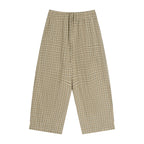 Anointed Garments unisex beige plaid wide leg pants with an elastic waistband, made from a cotton-polyester blend.