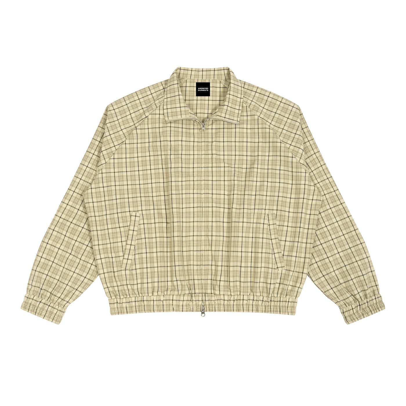 Anointed Garments beige plaid zip-up jacket with a lapel collar, raglan sleeves, and elasticized hem and cuffs.