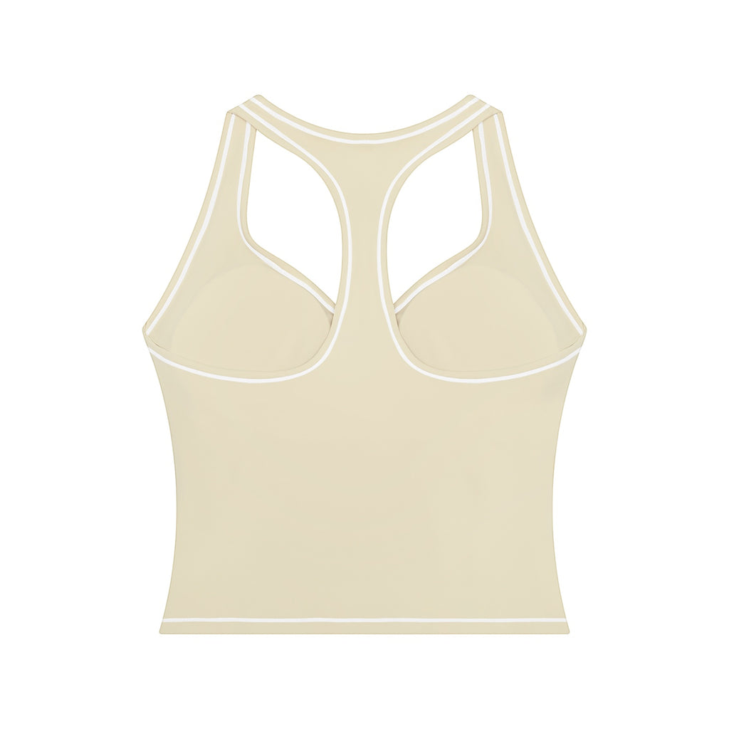 Anointed Garments beige racerback performance tank top with white contrast piping and moisture-wicking fabric.