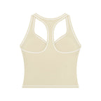 Anointed Garments beige racerback performance tank top with white contrast piping and moisture-wicking fabric.