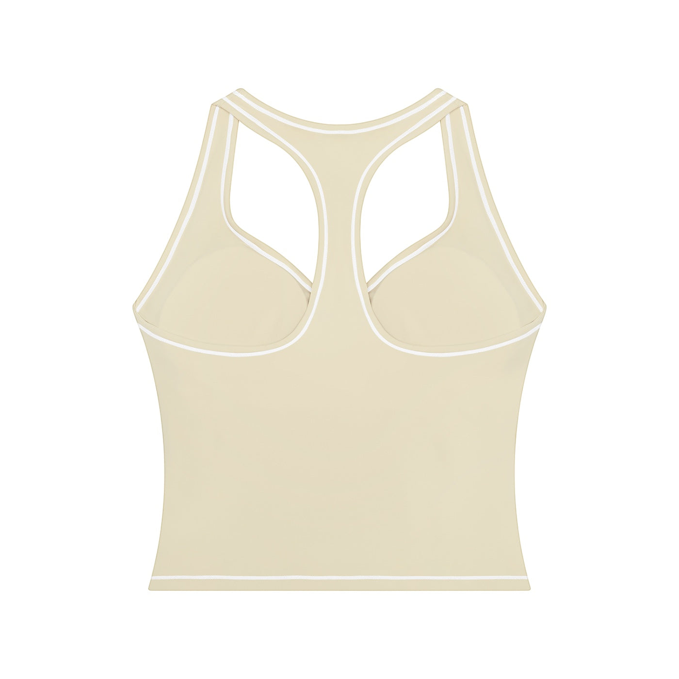 Anointed Garments beige racerback performance tank top with white contrast piping and moisture-wicking fabric.