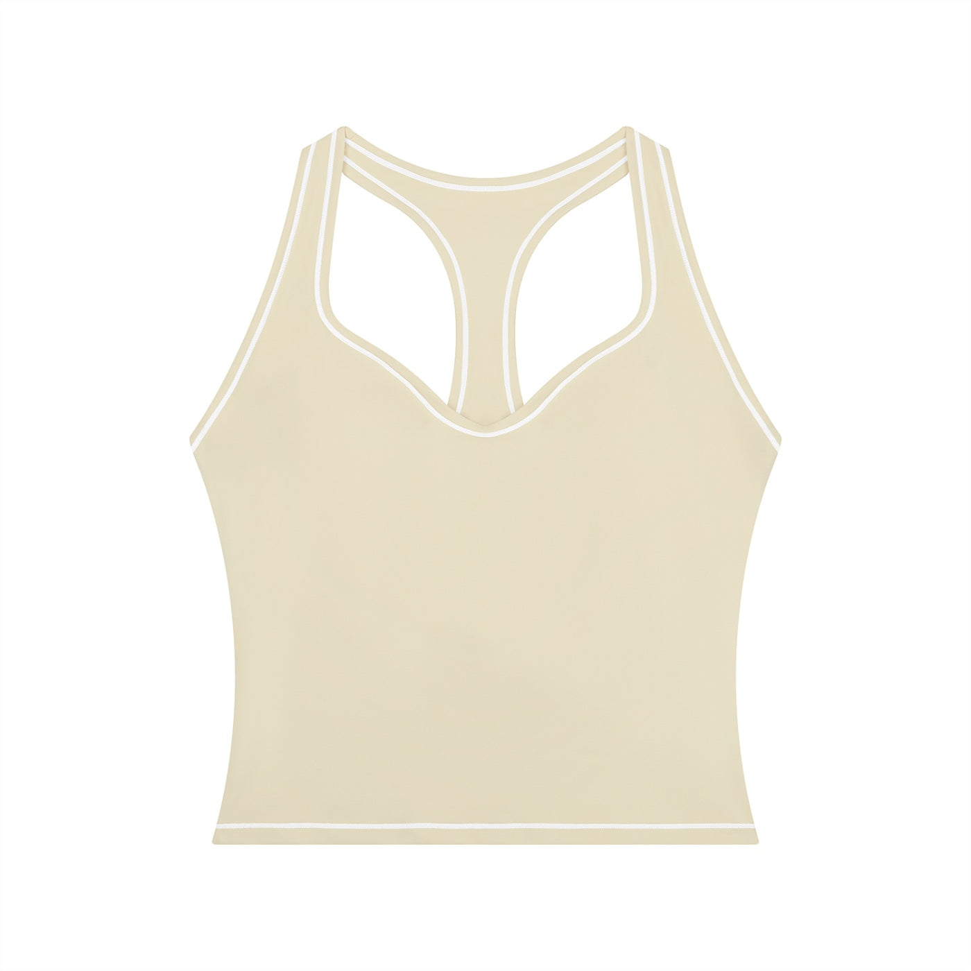 Anointed Garments beige racerback performance tank top with white contrast piping for gym and yoga workouts.