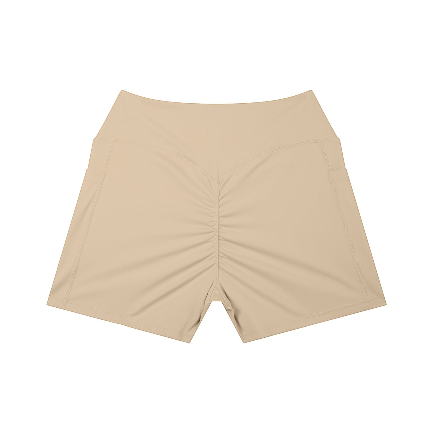 Anointed Garments beige high-waisted athletic shorts with a ruched back and side pockets for a sculpted performance fit.