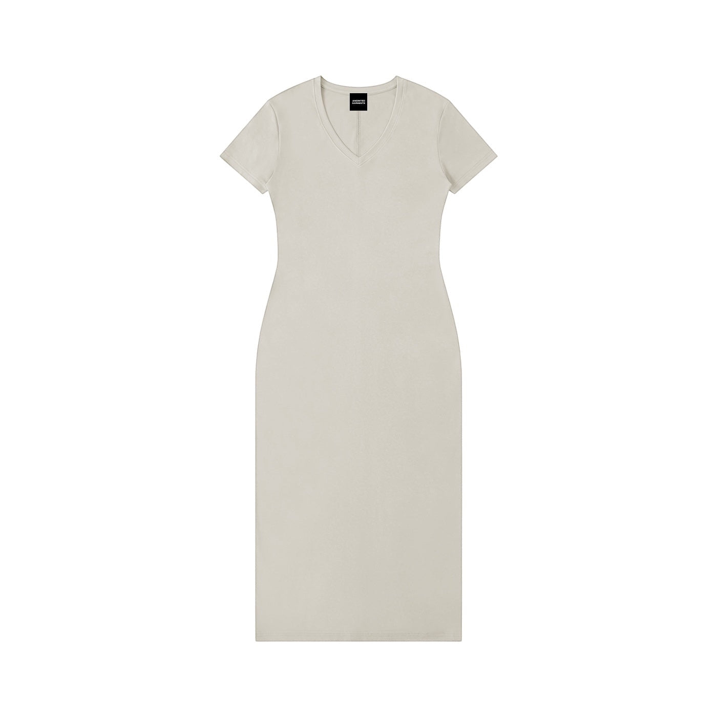 Anointed Garments beige short sleeve V-neck bodycon maxi dress in soft viscose blend fabric