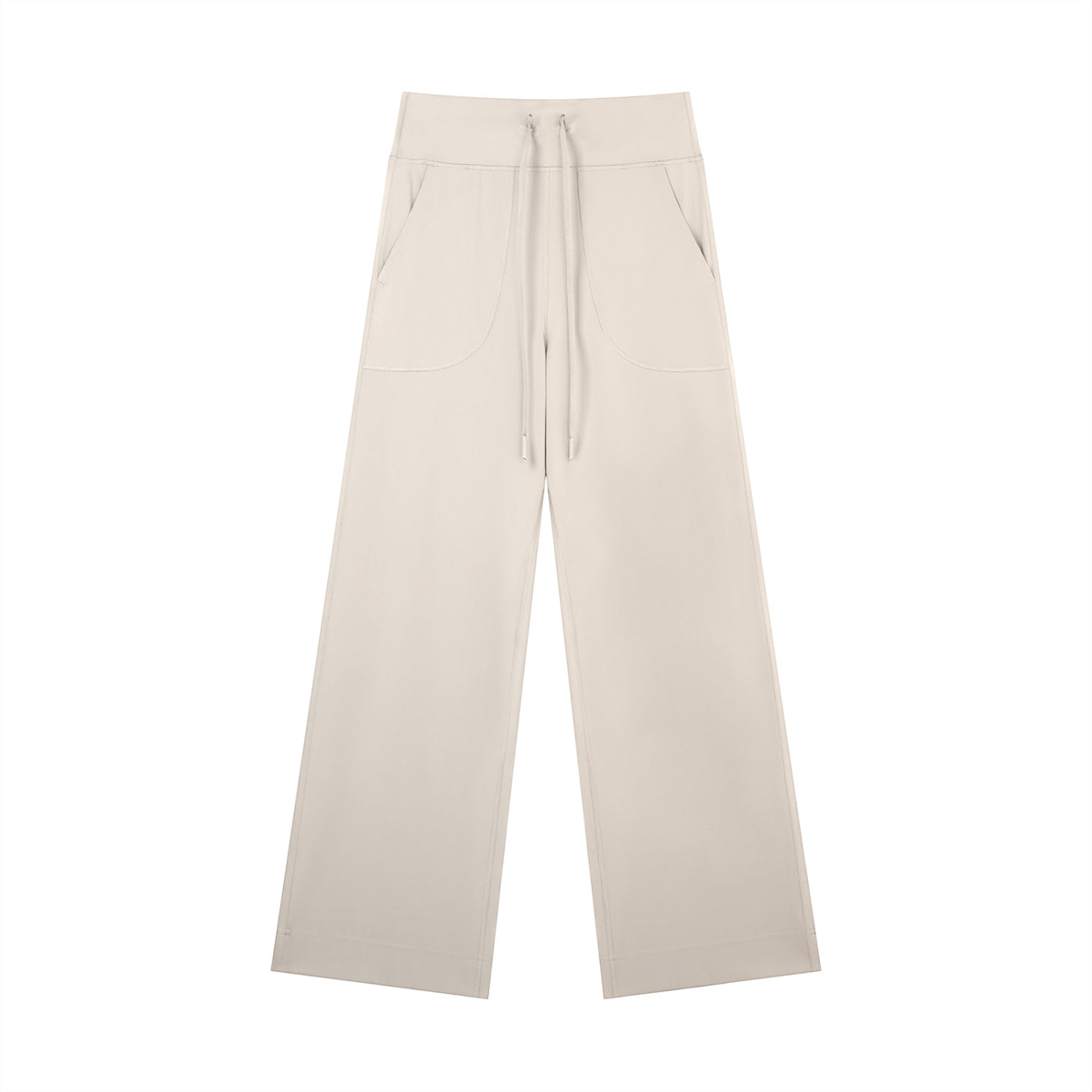 Anointed Garments beige wide-leg lounge pants with a high-rise drawstring waistband and deep side pockets.